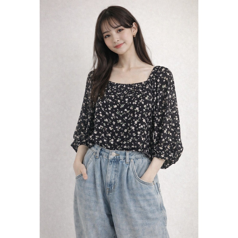 LOFT Black Floral Print Square Neck 3/4 Sleeve‎ Top Women's XS